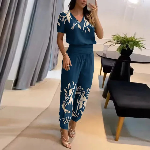 Women 2 Piece Floral Top and Pants Set breathable casual matching outfit