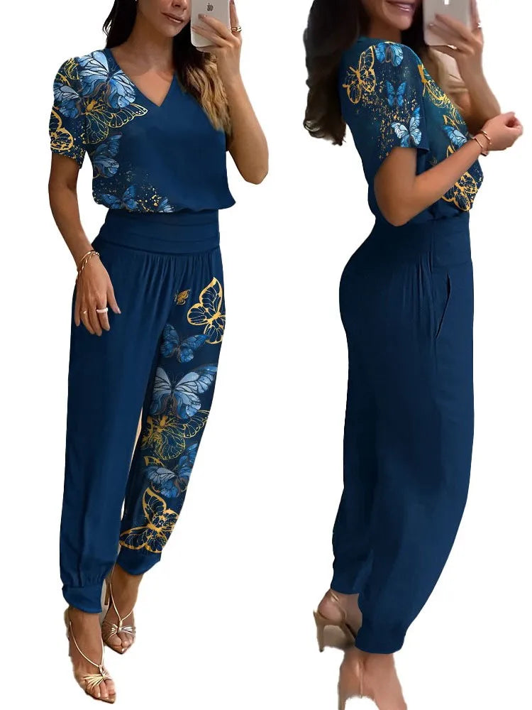 Women 2 Piece Floral Top and Pants Set breathable casual matching outfit