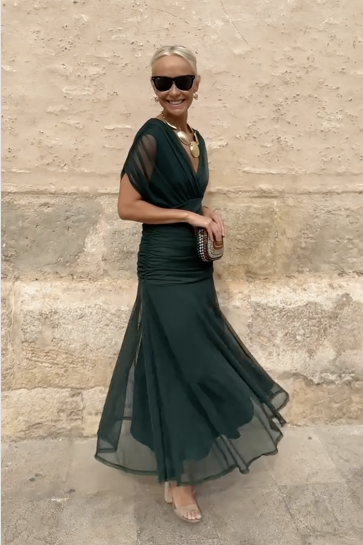 Women V-Neck Maxi Dress full-length party style in green