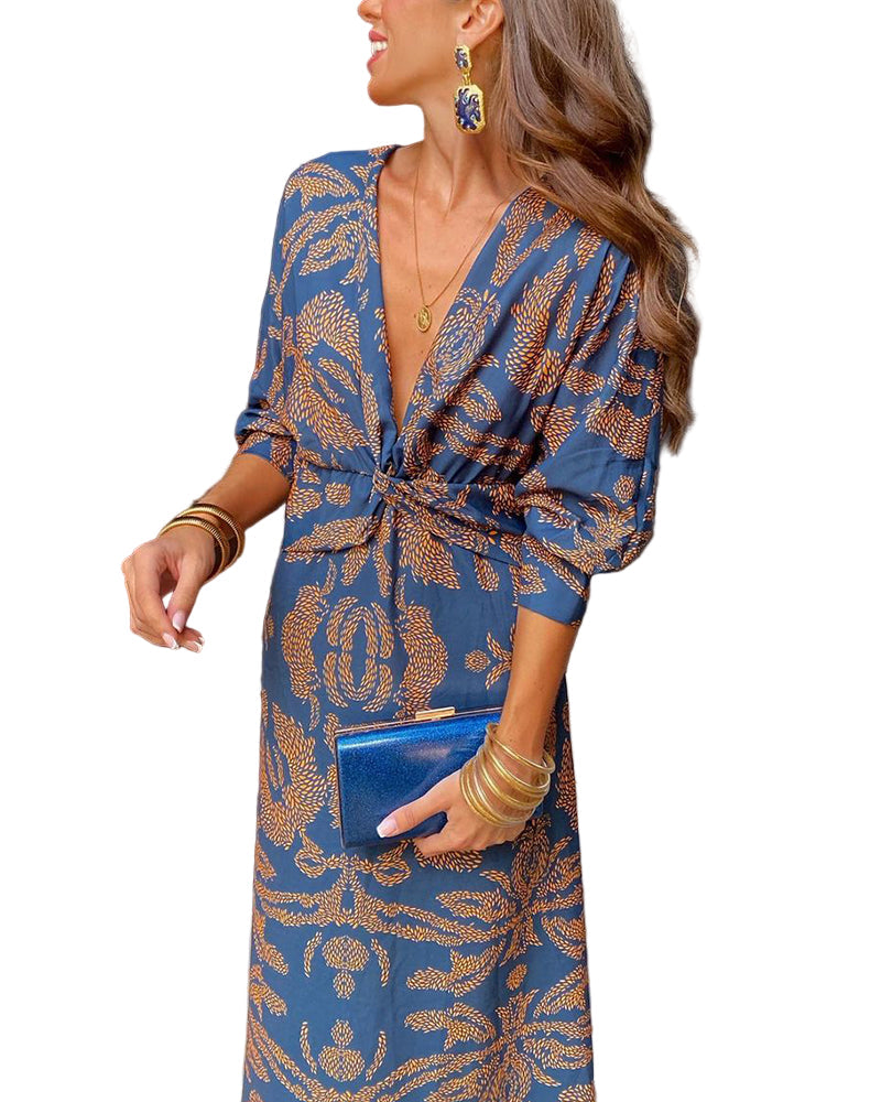 Women's formal midi dress in blue, green and red — flattering tailored silhouette