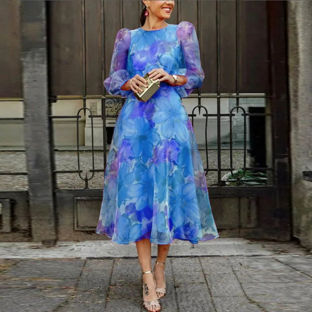Women's floral midi dress for wedding guest, summer formal occasion, pink and blue