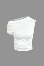 Women's two-piece set with one-shoulder top and draped mini skirt, asymmetric knot detail