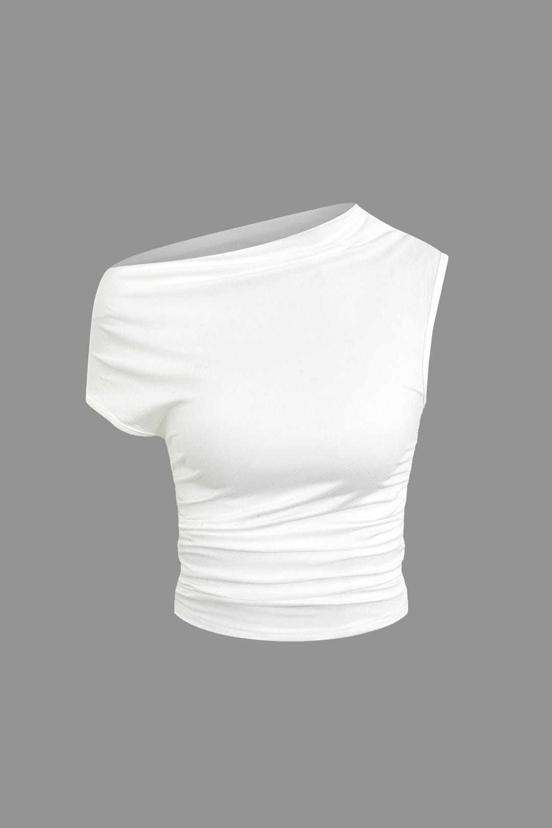 Women's two-piece set with one-shoulder top and draped mini skirt, asymmetric knot detail