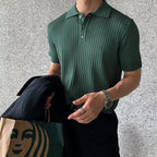 Men's knitted cotton ribbed polo shirt with button collar, short sleeves