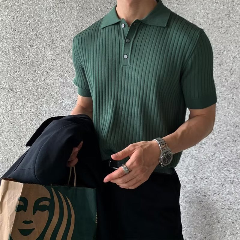 Men's knitted cotton ribbed polo shirt with button collar, short sleeves