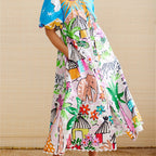 Women's midi dress tropical print, lapel neckline, adjustable waist tie, summer