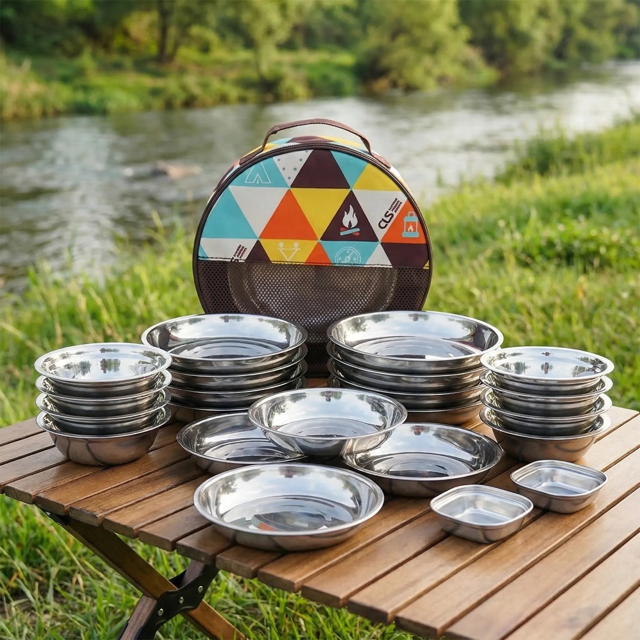 22-piece portable outdoor tableware set with carry bag, food-safe polished metal