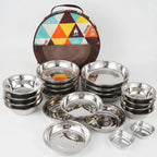 22-piece portable outdoor tableware set with carry bag, food-safe polished metal