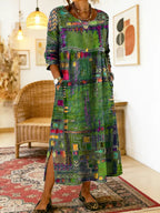 Women's denim dress with ethnic patchwork detail, loose fit boho summer style