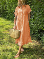 Women's striped shirt dress button-down casual with pockets, loose fit
