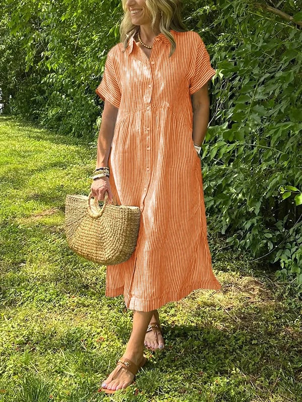 Women's striped shirt dress button-down casual with pockets, loose fit