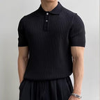 Men's knitted cotton ribbed polo shirt with button collar, short sleeves