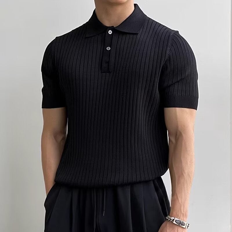 Men's knitted cotton ribbed polo shirt with button collar, short sleeves