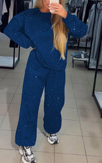 Women 2 piece lounge set with rhinestone detail and relaxed wide-leg fit