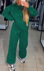 Women 2 piece lounge set with rhinestone detail and relaxed wide-leg fit