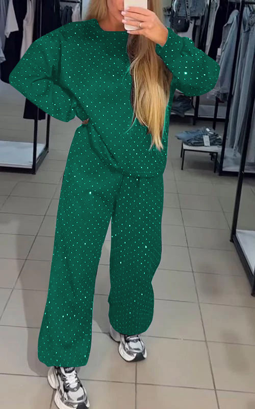Women 2 piece lounge set with rhinestone detail and relaxed wide-leg fit