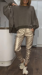 Women 2 Piece Satin Lounge Set with oversized sweater and wide leg satin trousers