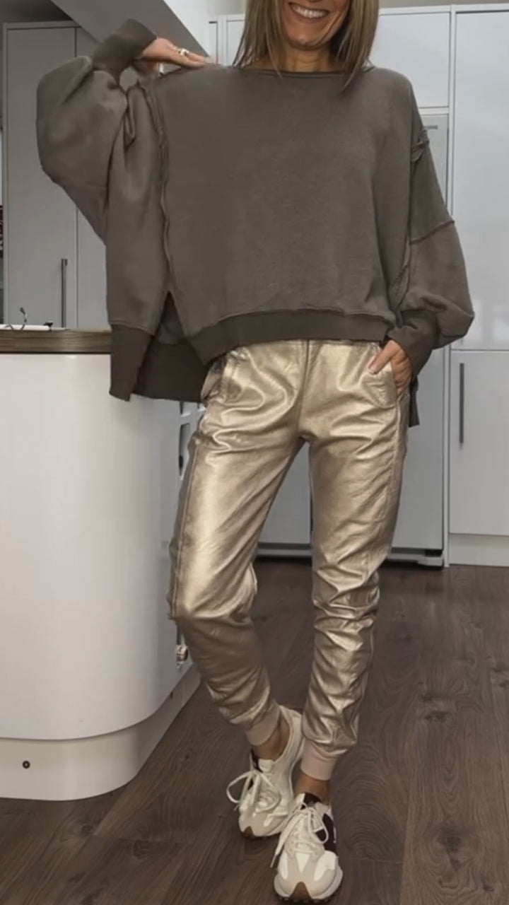 Women 2 Piece Satin Lounge Set with oversized sweater and wide leg satin trousers