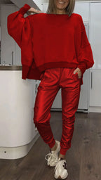 Women 2 Piece Satin Lounge Set with oversized sweater and wide leg satin trousers