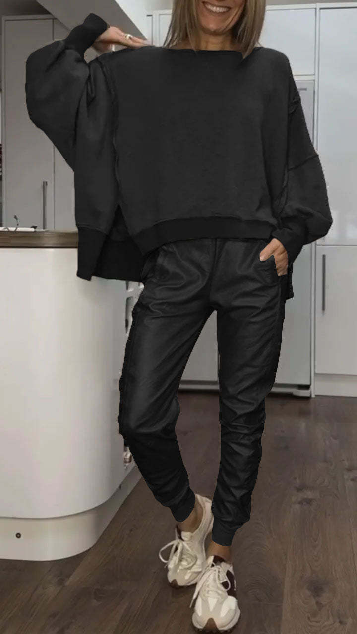 Women 2 Piece Satin Lounge Set with oversized sweater and wide leg satin trousers