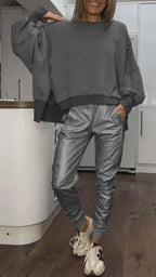 Women 2 Piece Satin Lounge Set with oversized sweater and wide leg satin trousers