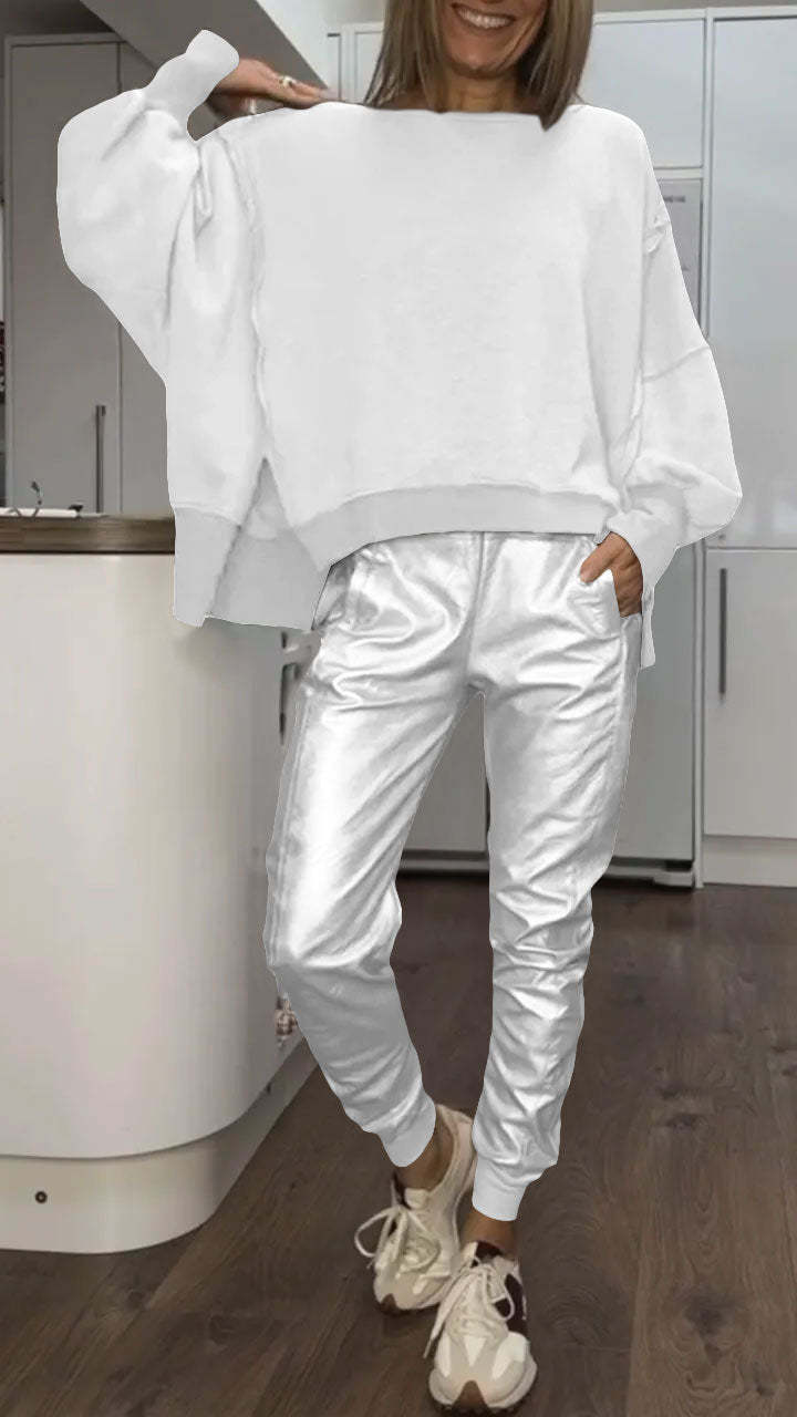 Women 2 Piece Satin Lounge Set with oversized sweater and wide leg satin trousers