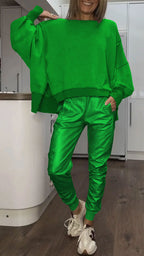 Women 2 Piece Satin Lounge Set with oversized sweater and wide leg satin trousers