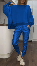 Women 2 Piece Satin Lounge Set with oversized sweater and wide leg satin trousers