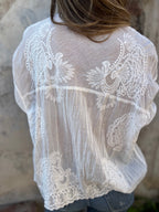 Women lace embroidered blouse in white, delicate floral embroidery feminine top