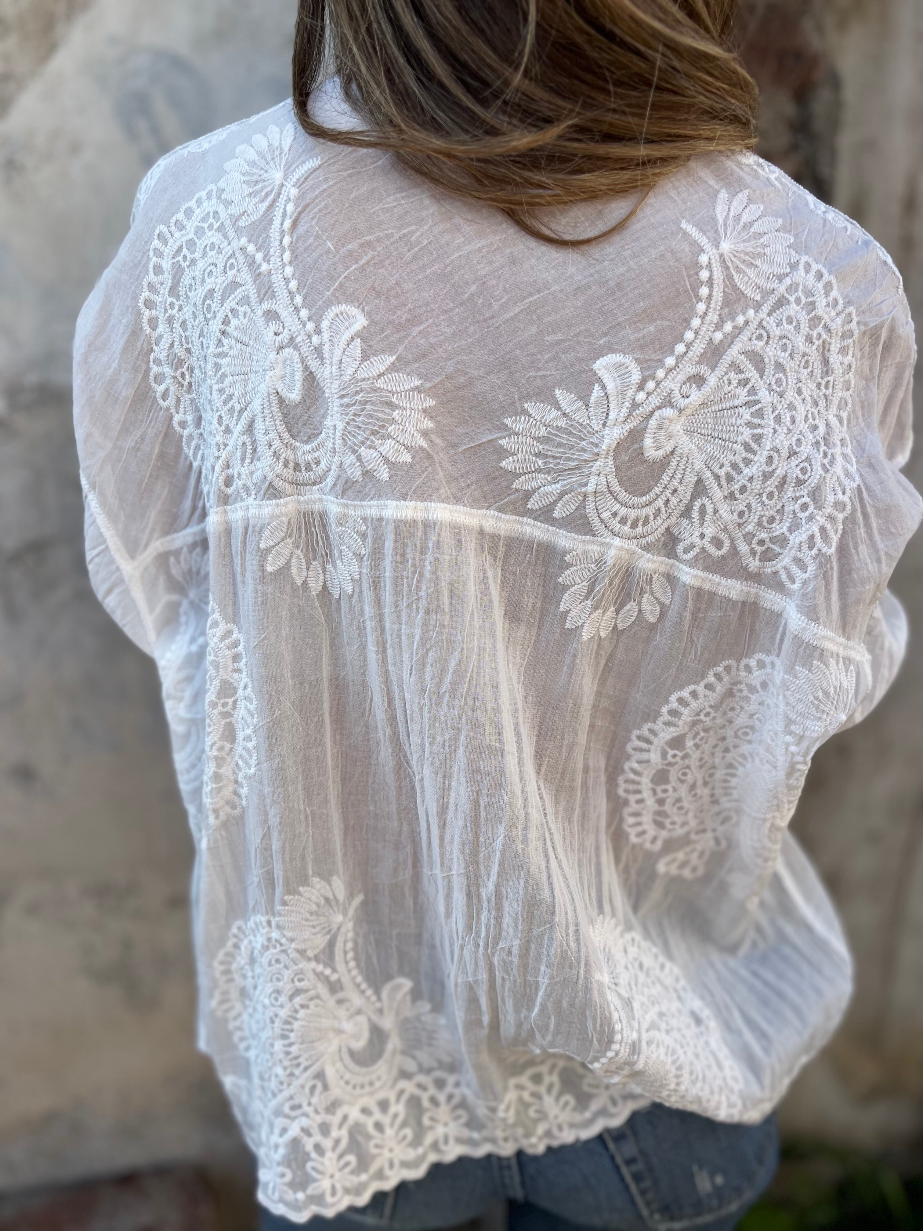 Women lace embroidered blouse in white, delicate floral embroidery feminine top