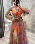 Evening maxi dress one-shoulder with floral appliqué and high leg slit