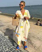 Women linen midi dress with printed pattern loose relaxed fit