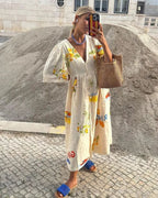 Women linen midi dress with printed pattern loose relaxed fit