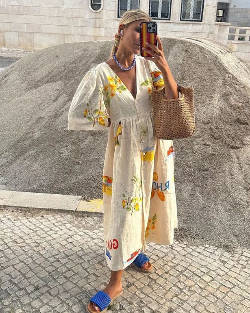 Women linen midi dress with printed pattern loose relaxed fit