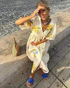 Women linen midi dress with printed pattern loose relaxed fit