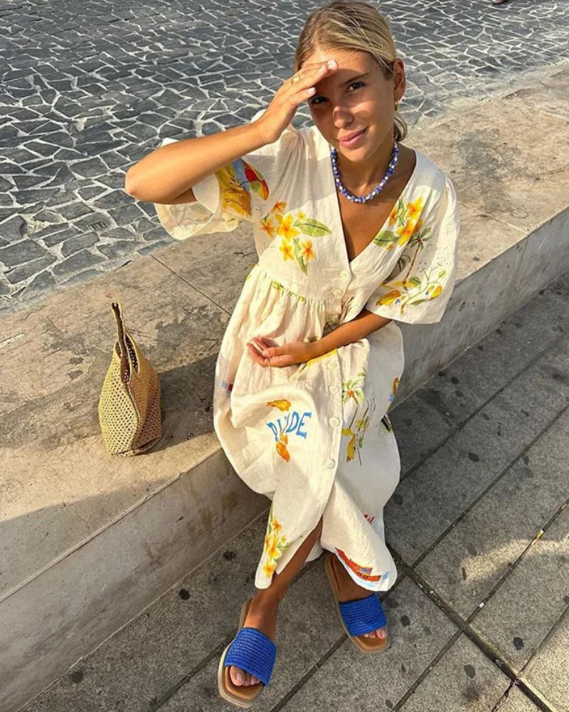 Women linen midi dress with printed pattern loose relaxed fit