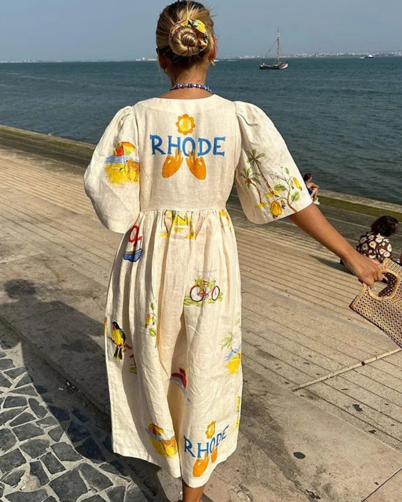 Women linen midi dress with printed pattern loose relaxed fit