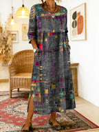 Women's denim dress with ethnic patchwork detail, loose fit boho summer style