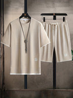 Men's two-piece waffle fabric set, relaxed fit, T-shirt and shorts in black and beige
