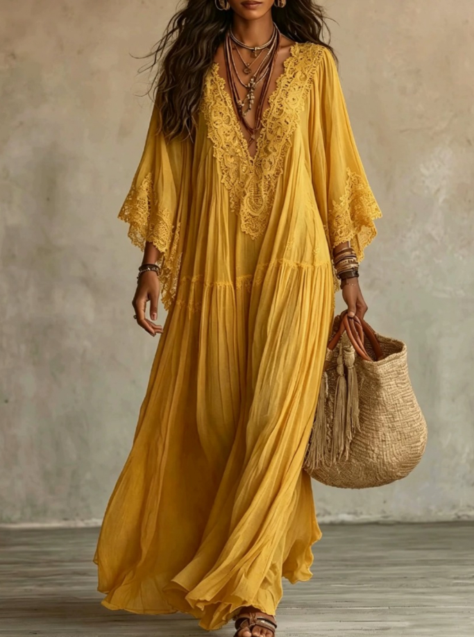 Women chiffon lace maxi dress bohemian V-neck tiered flowy ivory
