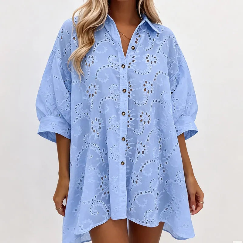 Embroidered button dress women's oversized fit, lightweight summer dress