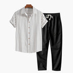 Men's linen shirt and pants set, breathable summer two-piece outfit in navy, white and black