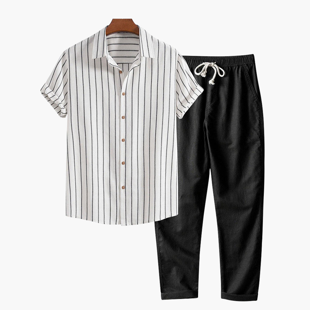 Men's linen shirt and pants set, breathable summer two-piece outfit in navy, white and black
