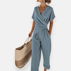 Women 2 piece wide leg pants set with draped bow top, relaxed fit