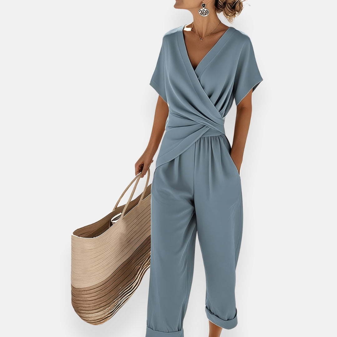 Women 2 piece wide leg pants set with draped bow top, relaxed fit