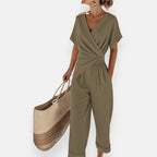 Women 2 piece wide leg pants set with draped bow top, relaxed fit