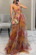 Women floral maxi dress open back with crossover front and thin straps