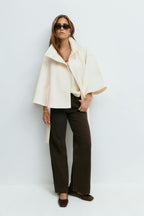 Women cape coat high collar belted waist in beige blue brown black