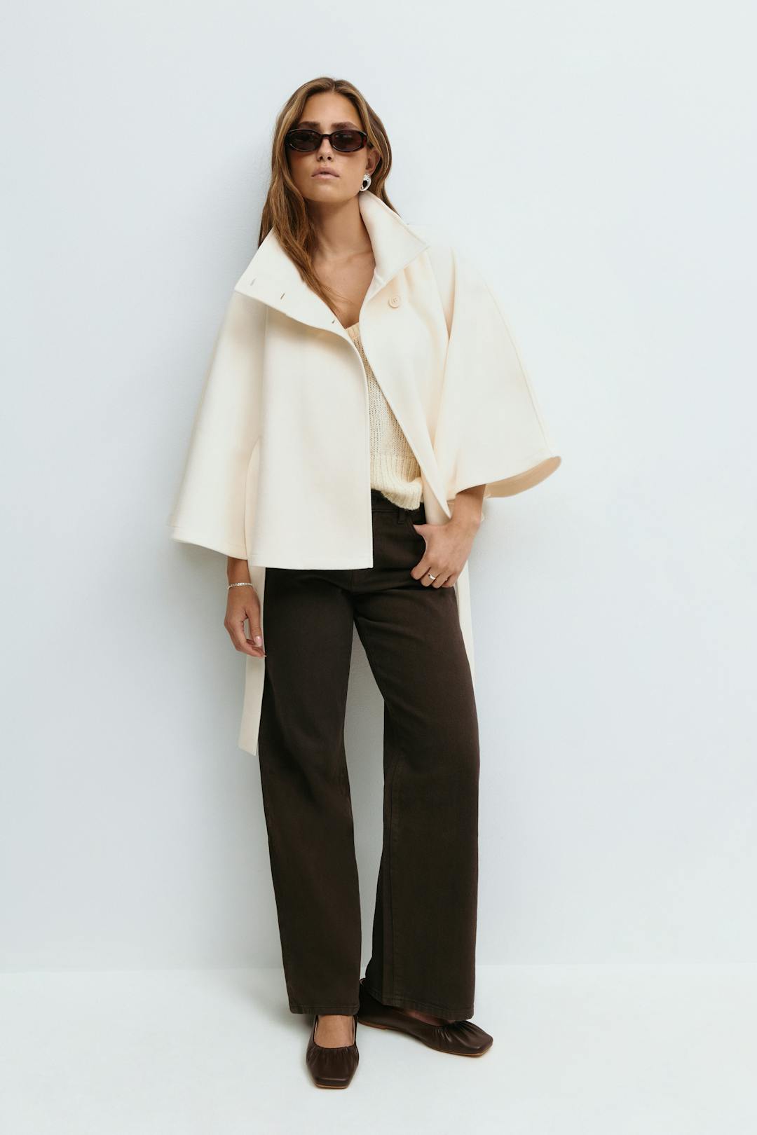 Women cape coat high collar belted waist in beige blue brown black