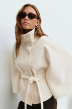Women cape coat high collar belted waist in beige blue brown black